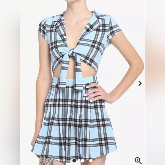 New Trendy Blue Plaid Tie-Front Dress - Picture 1 of 11